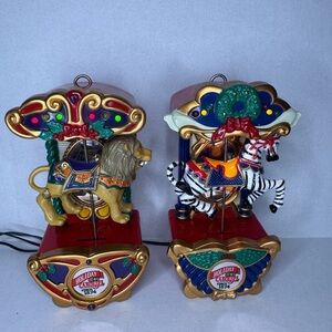 Vintage 1993CHRISTMAS Carousel Ornament Set of 2 CIRCUS ANIMALS ~ Lit & Animated
